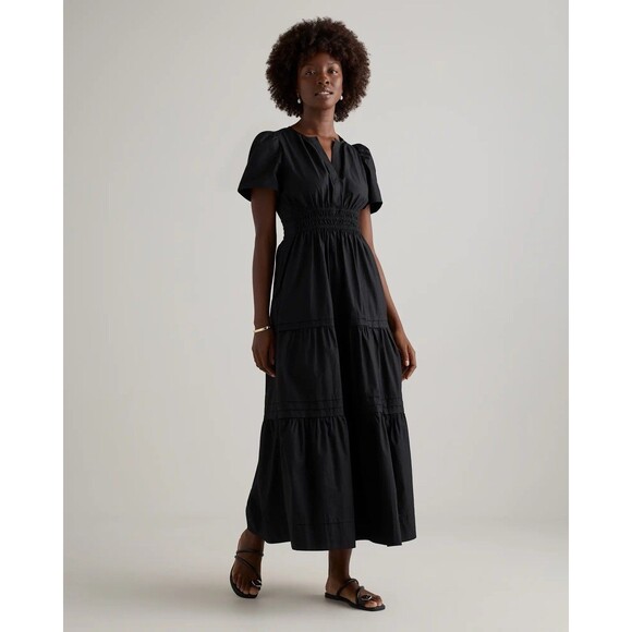 Quince Maxi Dress Sz XL Black Organic Cotton Poplin Tiered Pockets NWOT - Picture 1 of 6